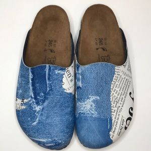 EUC Birkenstock Birki Denim Newsprint Boston Clogs